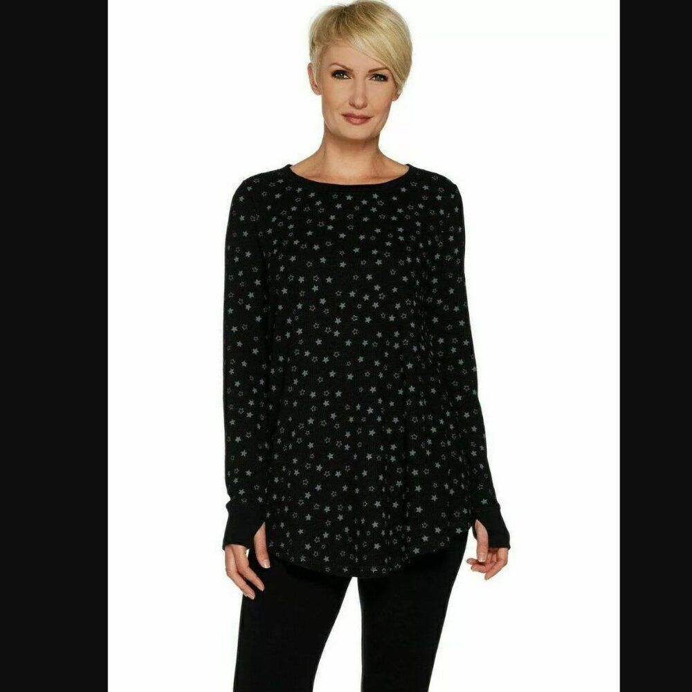 NWT AnyBody Cozy Knit Waffle Swing Top in Black Star | Size S